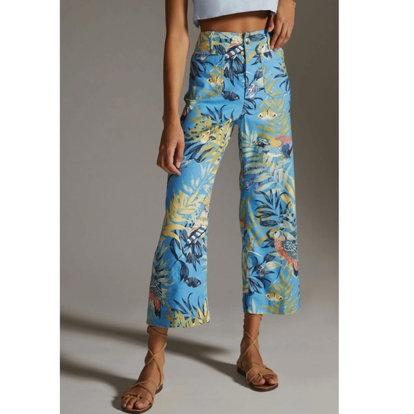 MAEVE x ANTHROPOLOGIE Colette Cropped Wide Leg Linen Pants, Blue Print, 2 (US) - Picture 1 of 12